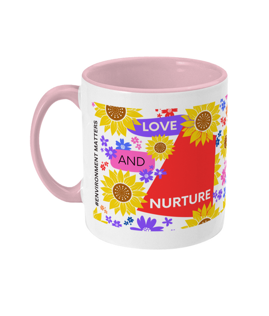 Love and Nurture Two Tone Mug - Red/Purple Design with No Background