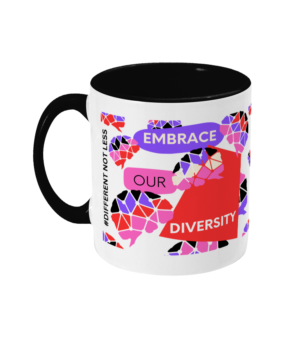 Embrace Our Diversity Two Tone Mug - Red/Purple Design with No Background (Various Handle and Inner Colours Available)