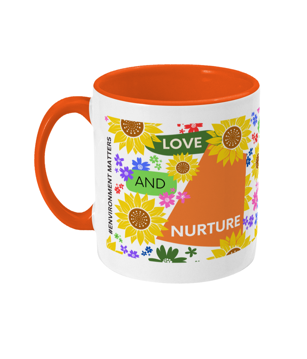 Love and Nurture Two Tone Mug - Orange/Green Design with No Background