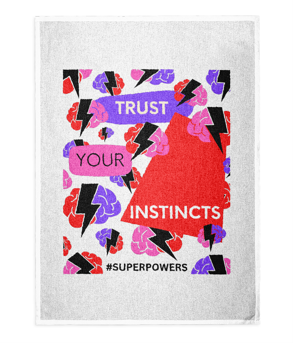 Trust Your Instincts White Tea Towel - Red/Purple Design