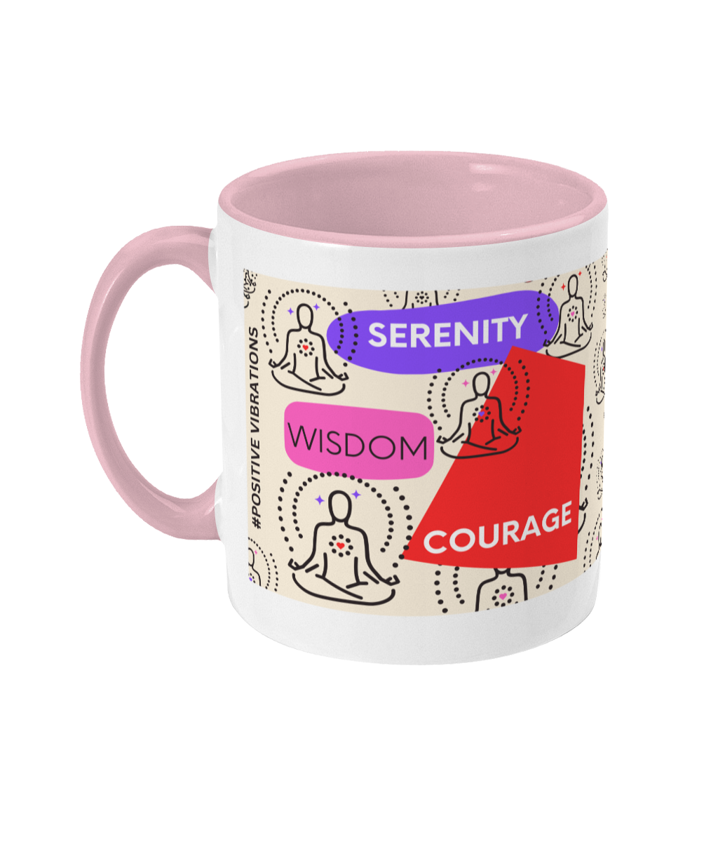 Serenity Courage Wisdom Two Tone Mug - Red/Purple Design with Pink Background