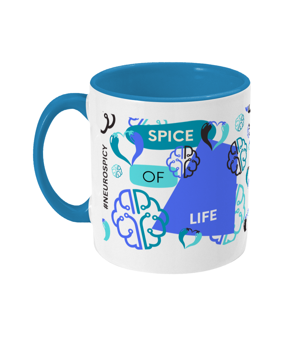 Spice Of Life Two Tone Mug - Blue/Teal Design with No Background (Various Handle and Inner Colours Available)