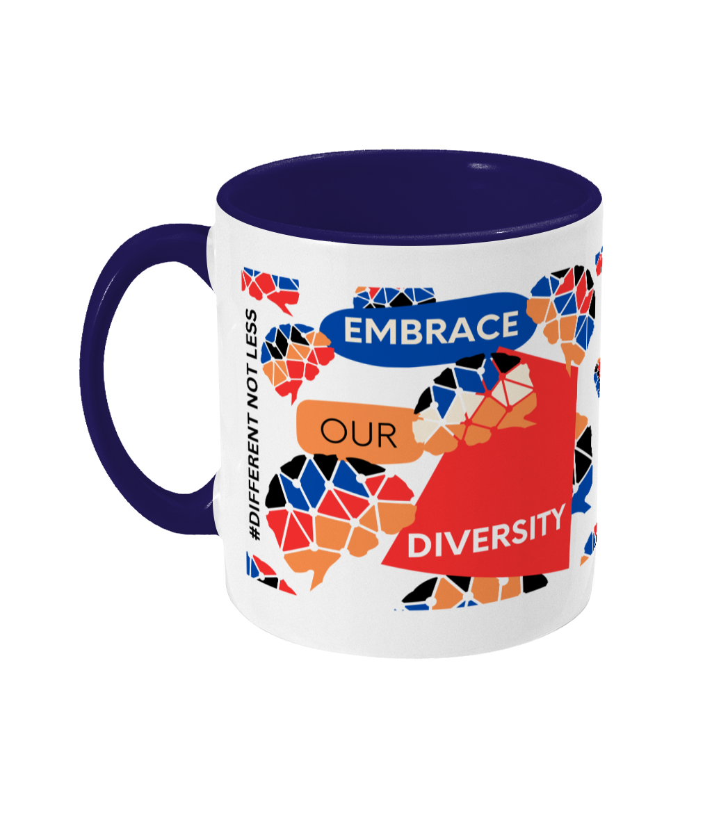 Embrace Our Diversity Two Tone Mug - Red/Blue Design with No Background (Various Handle and Inner Colours Available)