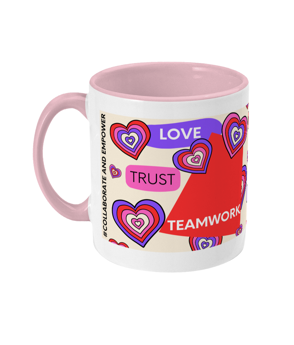 Love, Trust, Teamwork Two Tone Mug -Red/Purple with Pink Background