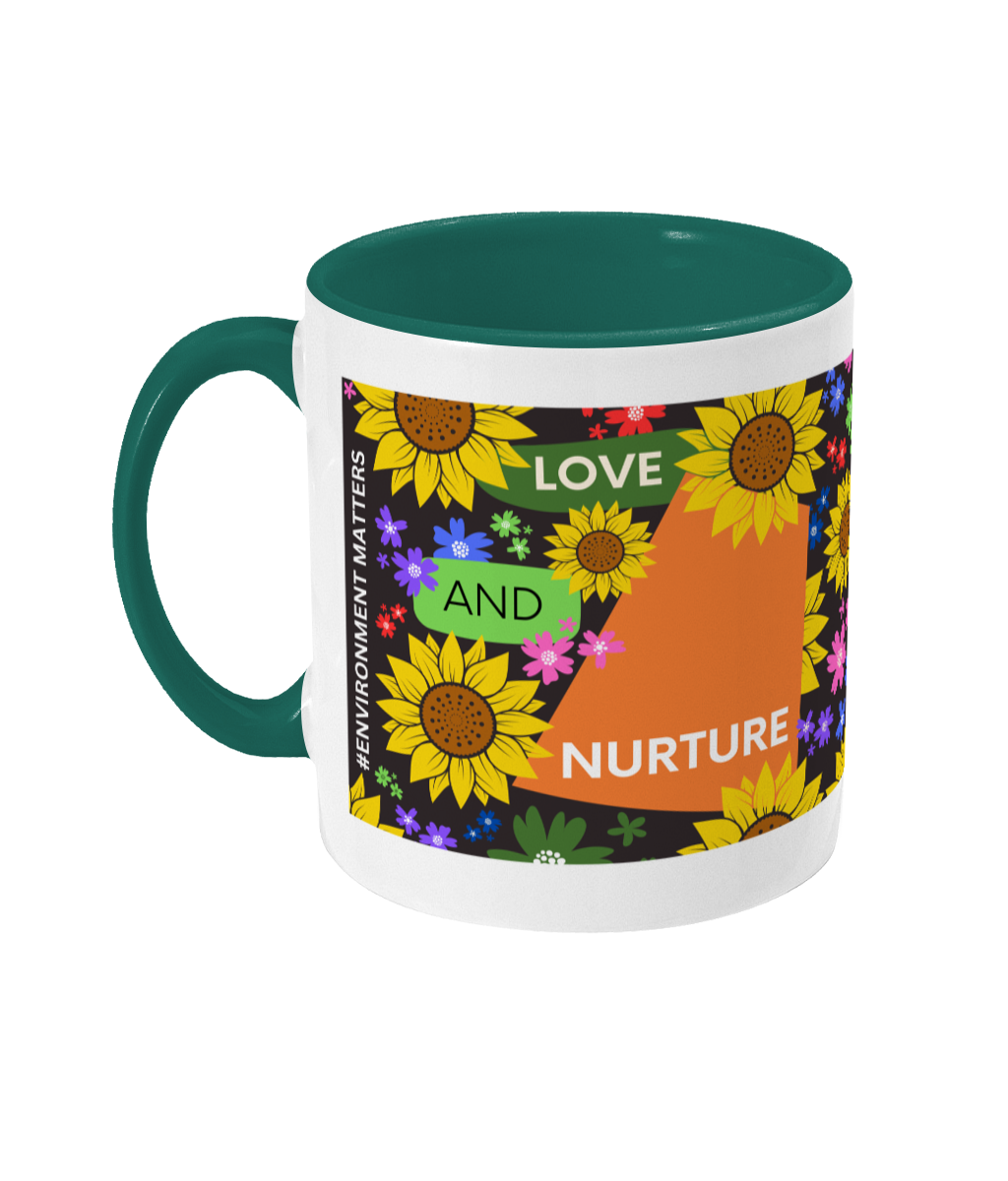 Love and Nurture Two Tone Mug - Orange/Green Design with Black Background