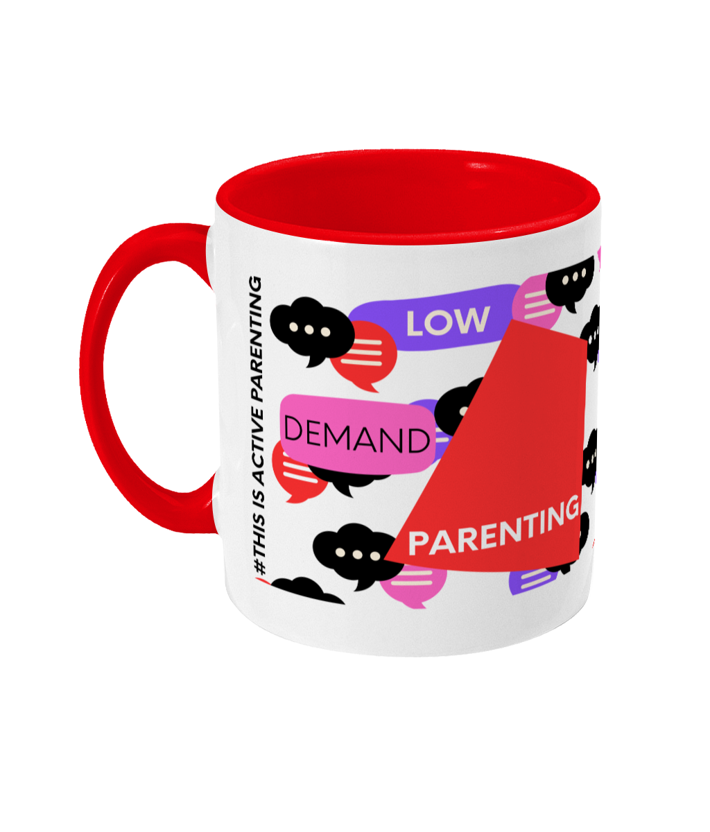 Low Demand Parenting Two Tone Mug - Red/Purple Design with No Background (Various Handle and Inner Colours Available)