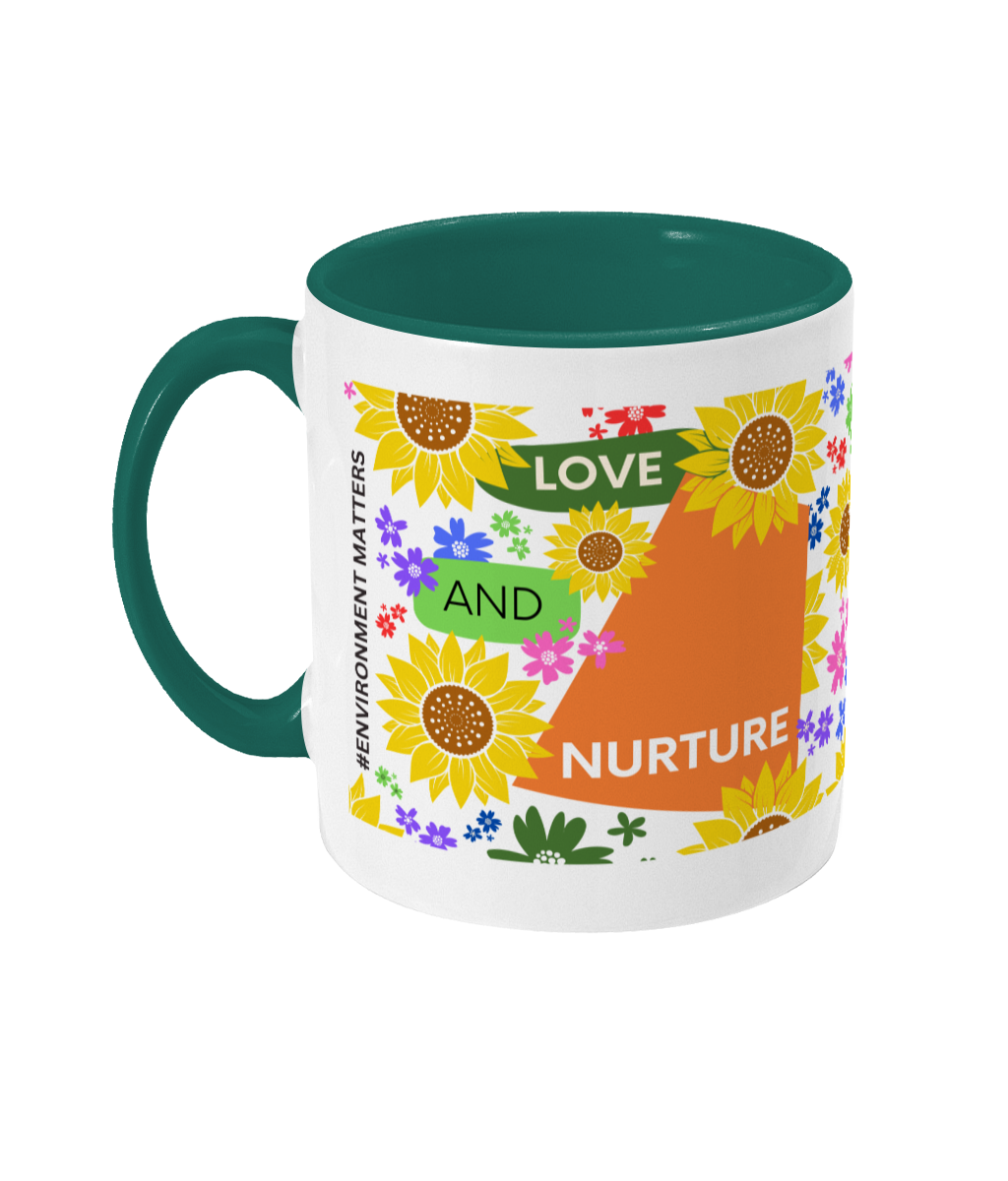 Love and Nurture Two Tone Mug - Orange/Green Design with No Background