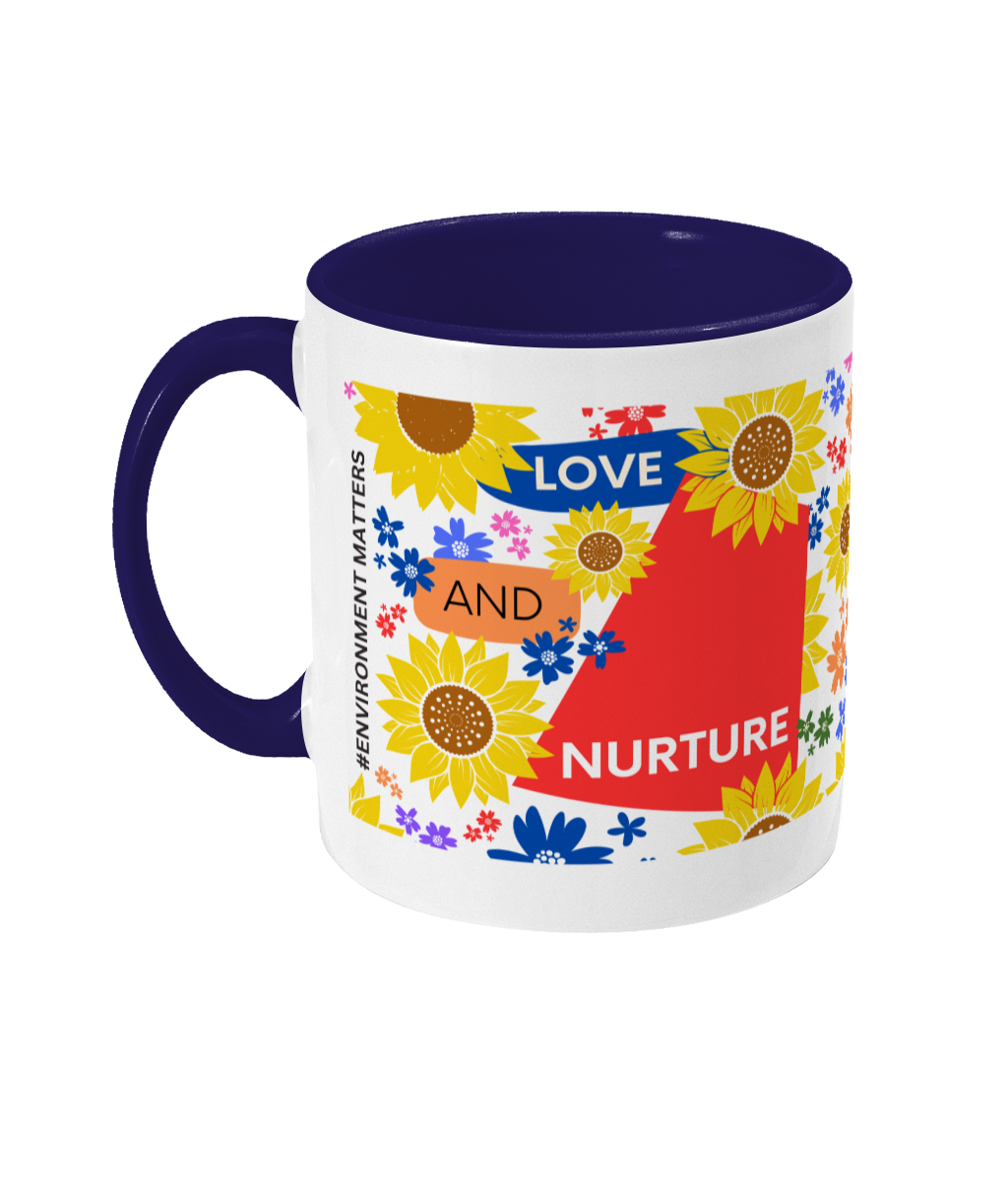 Love and Nurture Two Tone Mug - Red/Blue Design with No Background