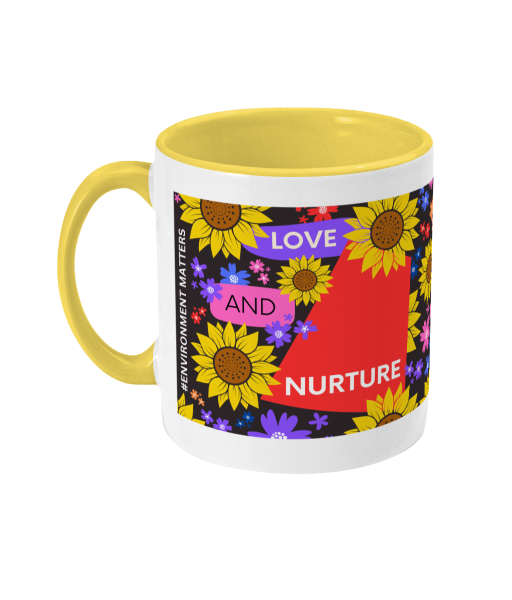 Love and Nurture Two Tone Mug - Red/Purple Design with Black Background