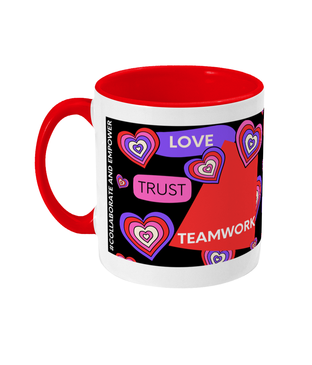 Love, Trust, Teamwork Two Tone Mug - Red/Purple Design with Black Background (Various Handle and Inner Colours Available)