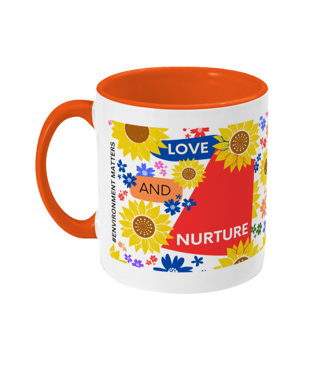 Love and Nurture Two Tone Mug - Red/Blue Design with No Background