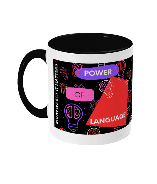 Power Of Language Two Tone Mug - Red/Purple Design with Black Background (Various Handle and Inner Colours Available)