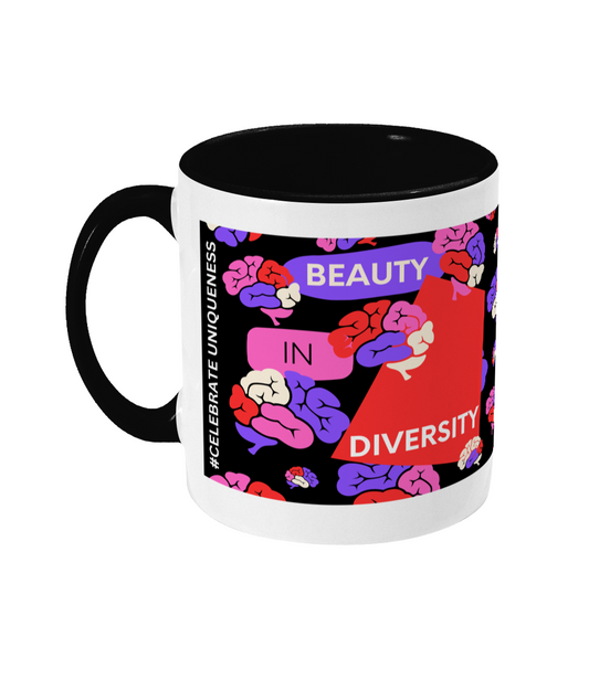 Beauty In Diversity Two Tone Mug - Red/Purple Design with Black Background (Various Handle and Inner Colours Available)