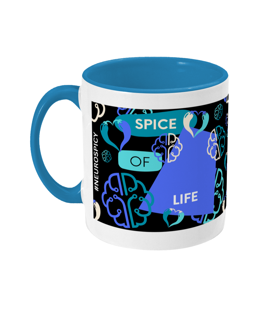 Spice Of Life Two Tone Mug - Blue/Teal Design with Black Background (Various Handle and Inner Colours Available)