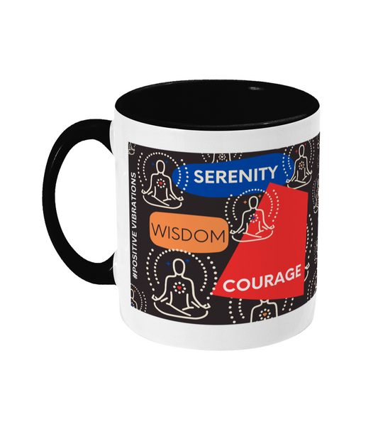 Serenity Courage Wisdom Two Tone Mug - Red/Blue Design with Black Background (Various Handle and Inner Colours Available)