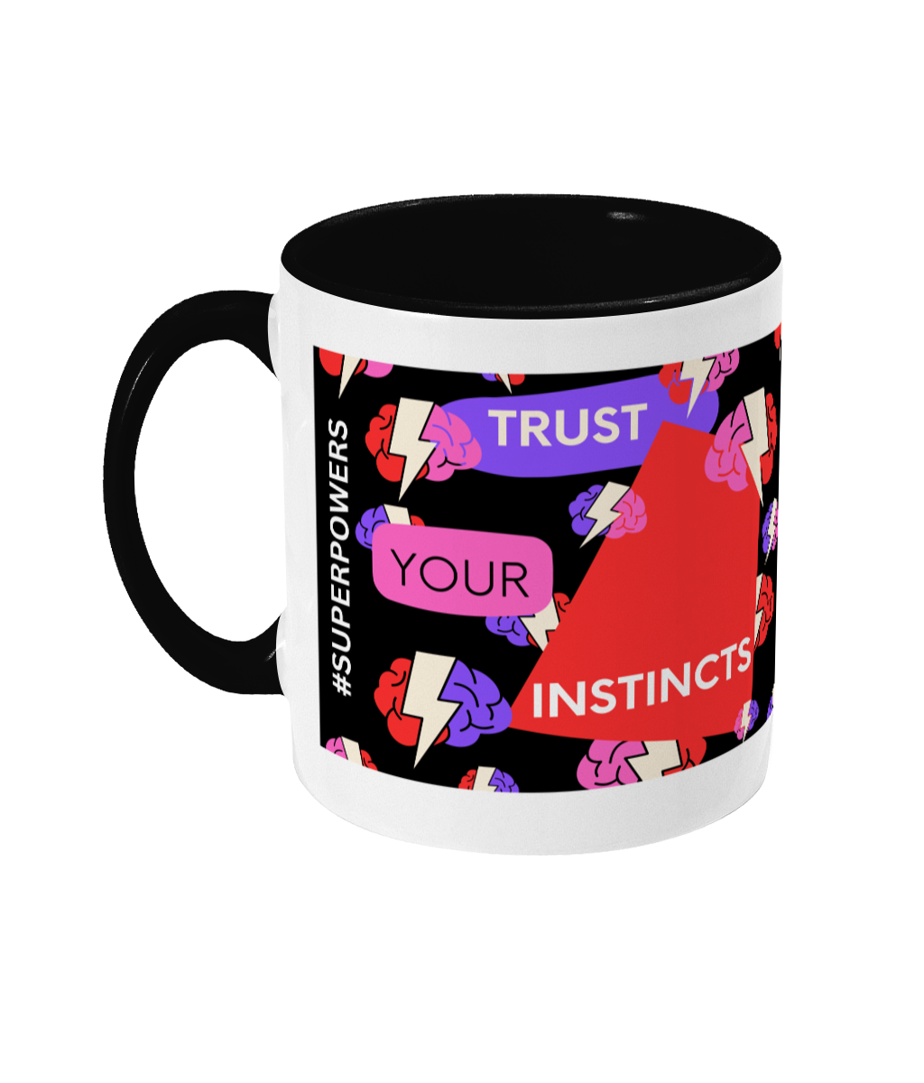 Trust Your Instincts Two Tone Mug - Red/Purple Design with Black Background (Various Handle and Inner Colours Available)