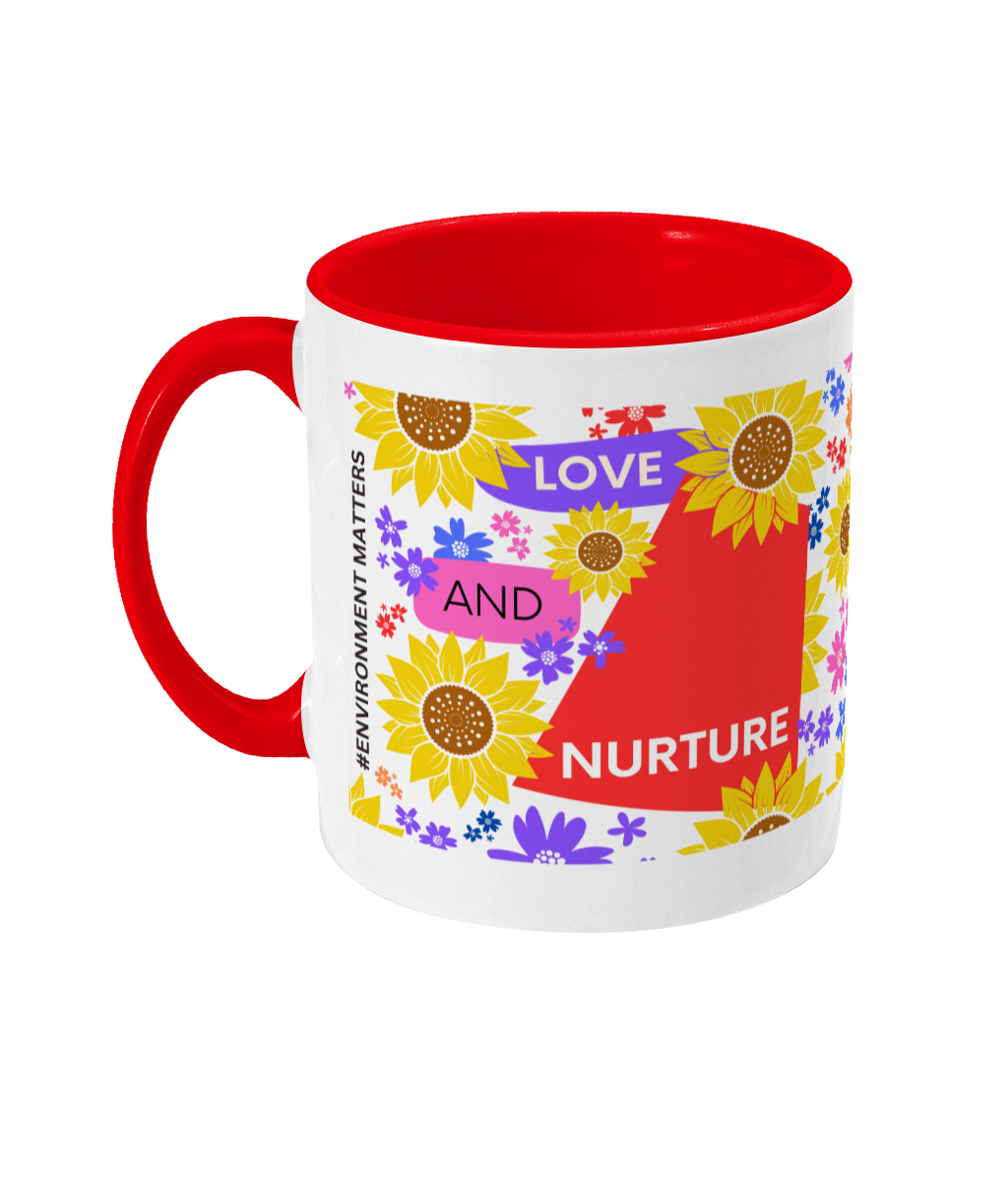 Love and Nurture Two Tone Mug - Red/Purple Design with No Background