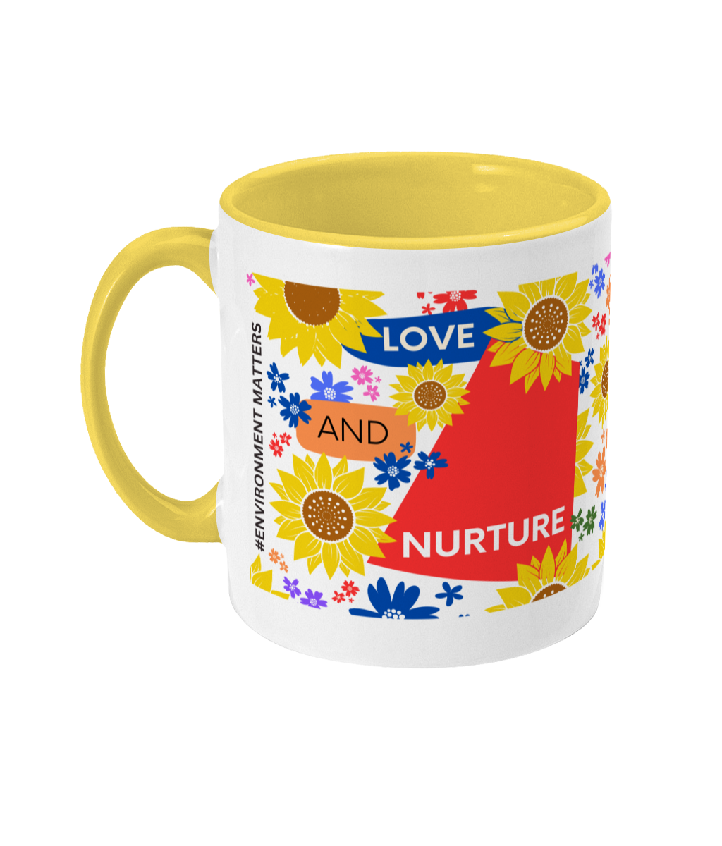 Love and Nurture Two Tone Mug - Red/Blue Design with No Background