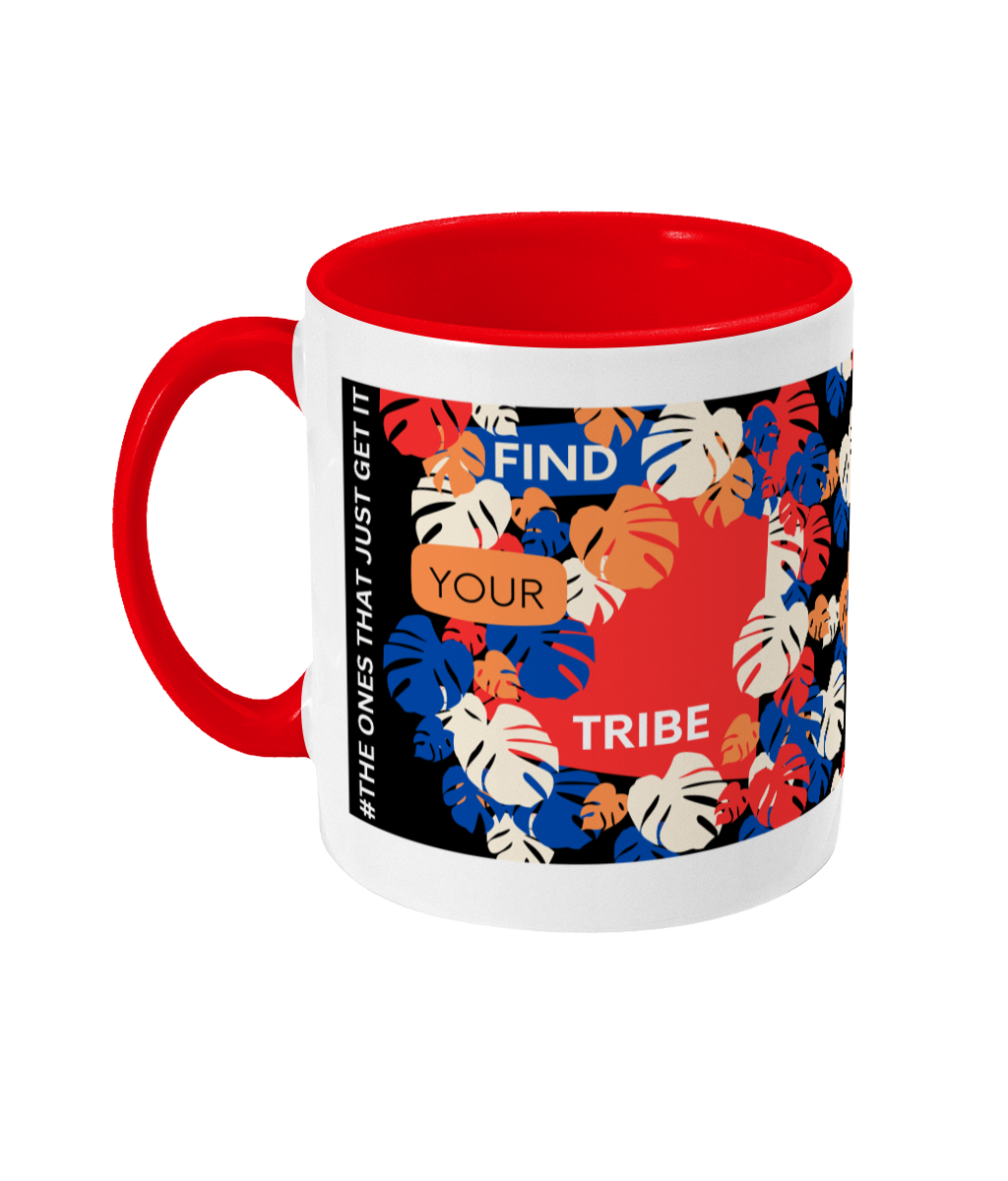 Find Your Tribe Two Tone Mug - Red/Blue Design with Black Background (Various Handle and Inner Colours Available)