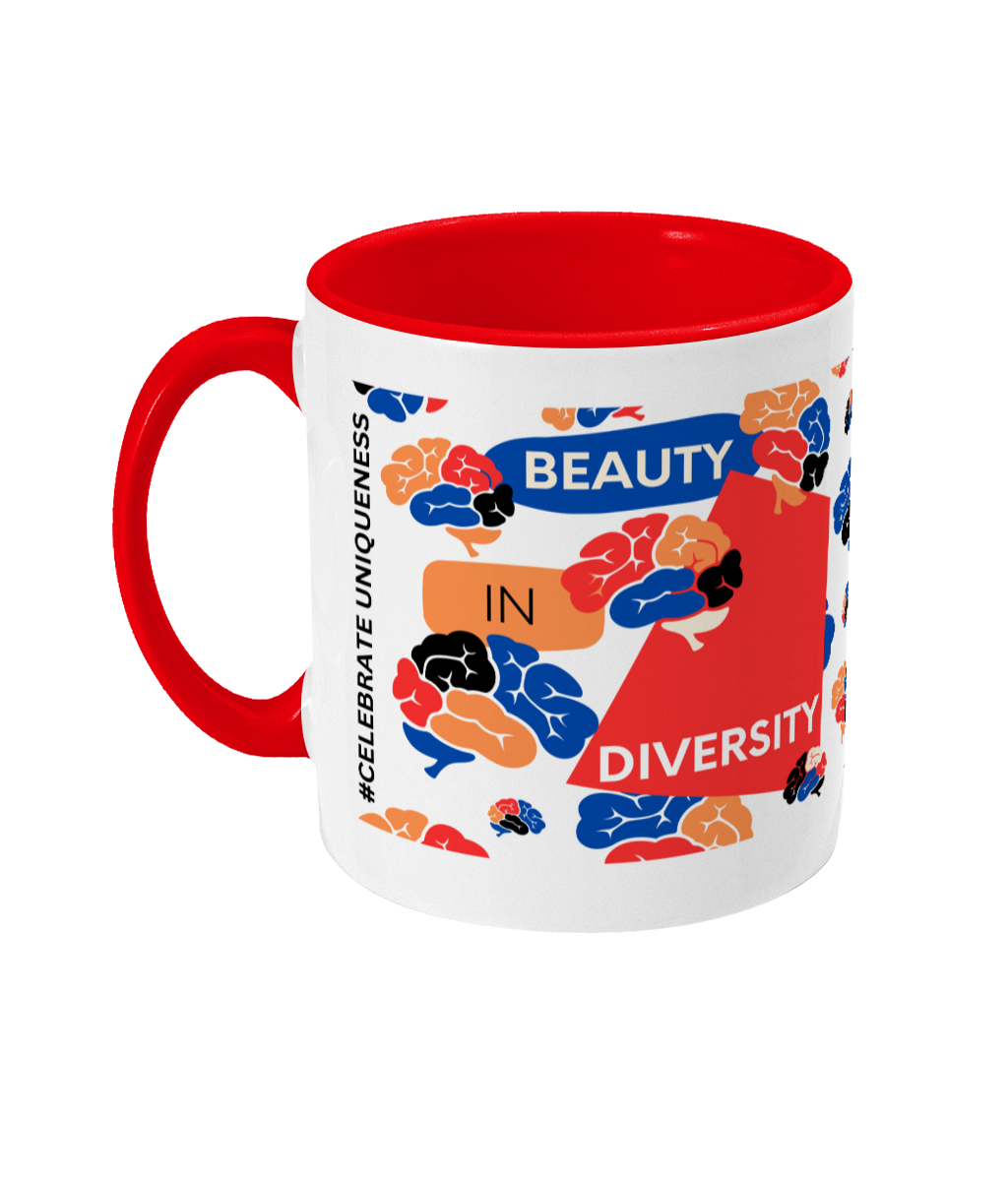 Beauty In Diversity Two Tone Mug - Red/Blue Design with No Background (Various Handle and Inner Colours Available)