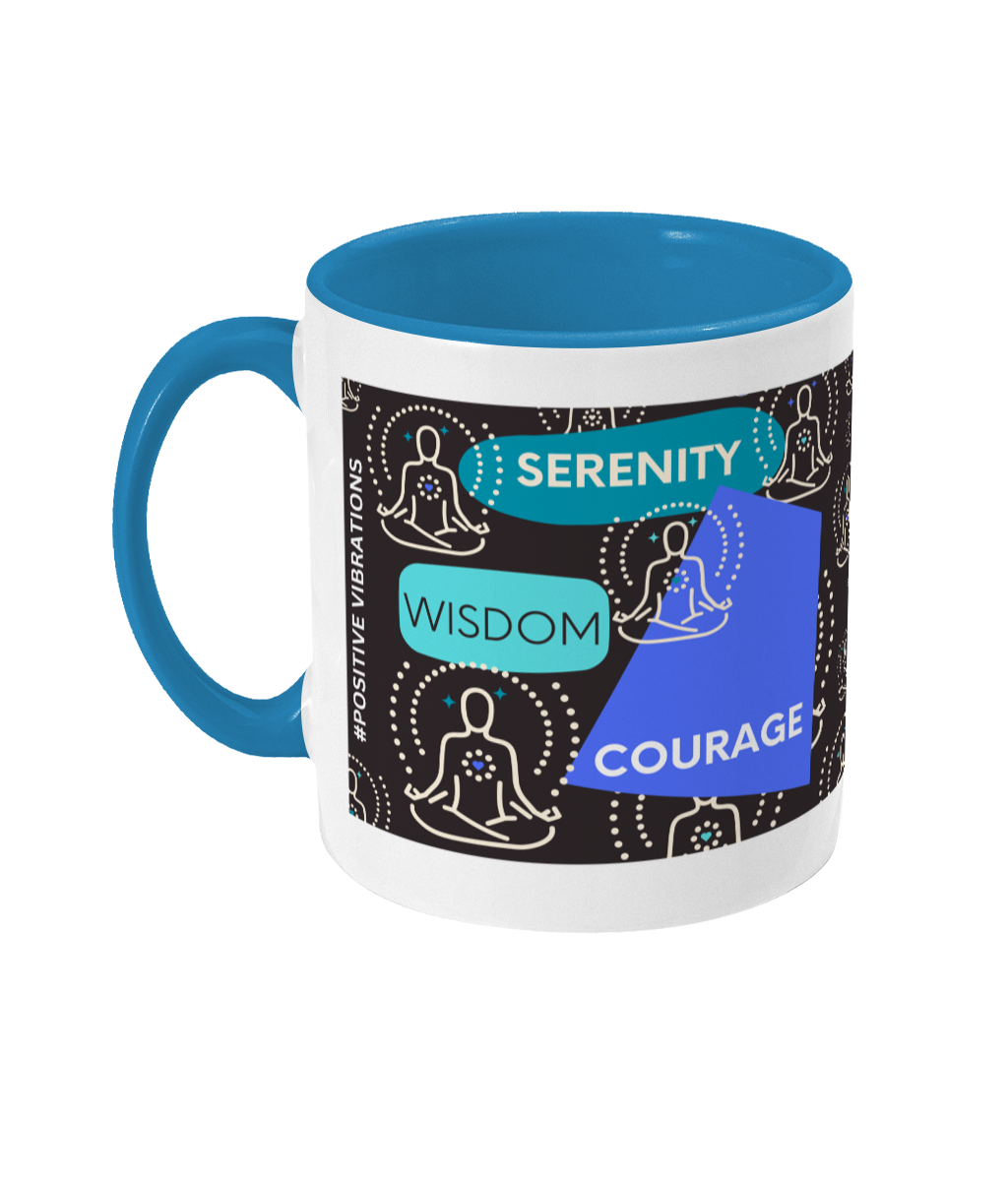 Serenity Courage Wisdom Two Tone Mug - Blue/Teal Design with Black Background (Various Handle and Inner Colours Available)