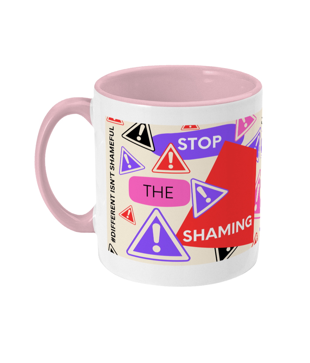 Stop The Shaming Two Tone Mug - Red/Purple Design with Pink Background