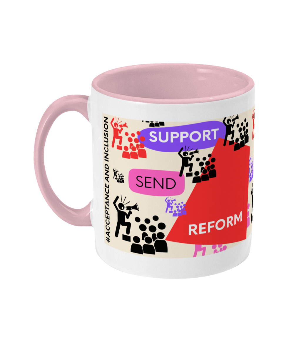 Support SEND Reform Two Tone Mug - Red/Purple Design with Pink Background