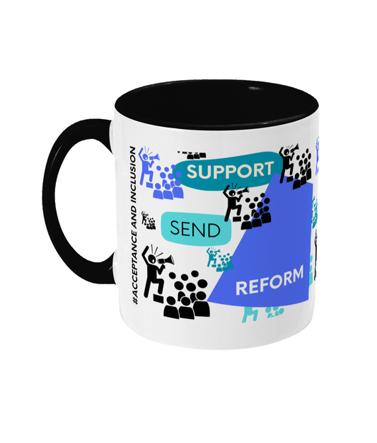 Support SEND Reform Two Tone Mug - Blue/Teal Design with No Background (Various Handle and Inner Colours Available)