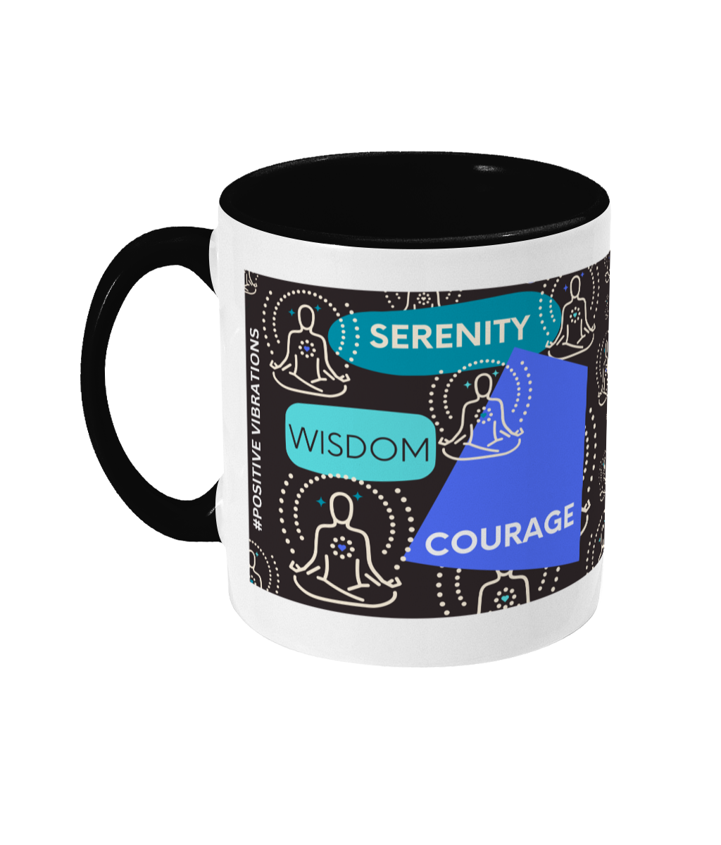 Serenity Courage Wisdom Two Tone Mug - Blue/Teal Design with Black Background (Various Handle and Inner Colours Available)