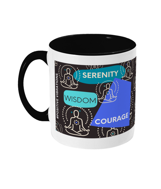 Serenity Courage Wisdom Two Tone Mug - Blue/Teal Design with Black Background (Various Handle and Inner Colours Available)