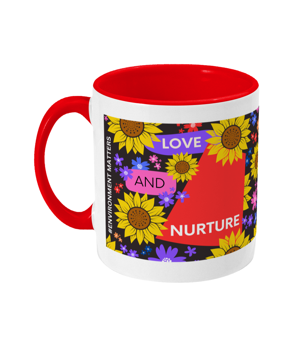 Love and Nurture Two Tone Mug - Red/Purple Design with Black Background