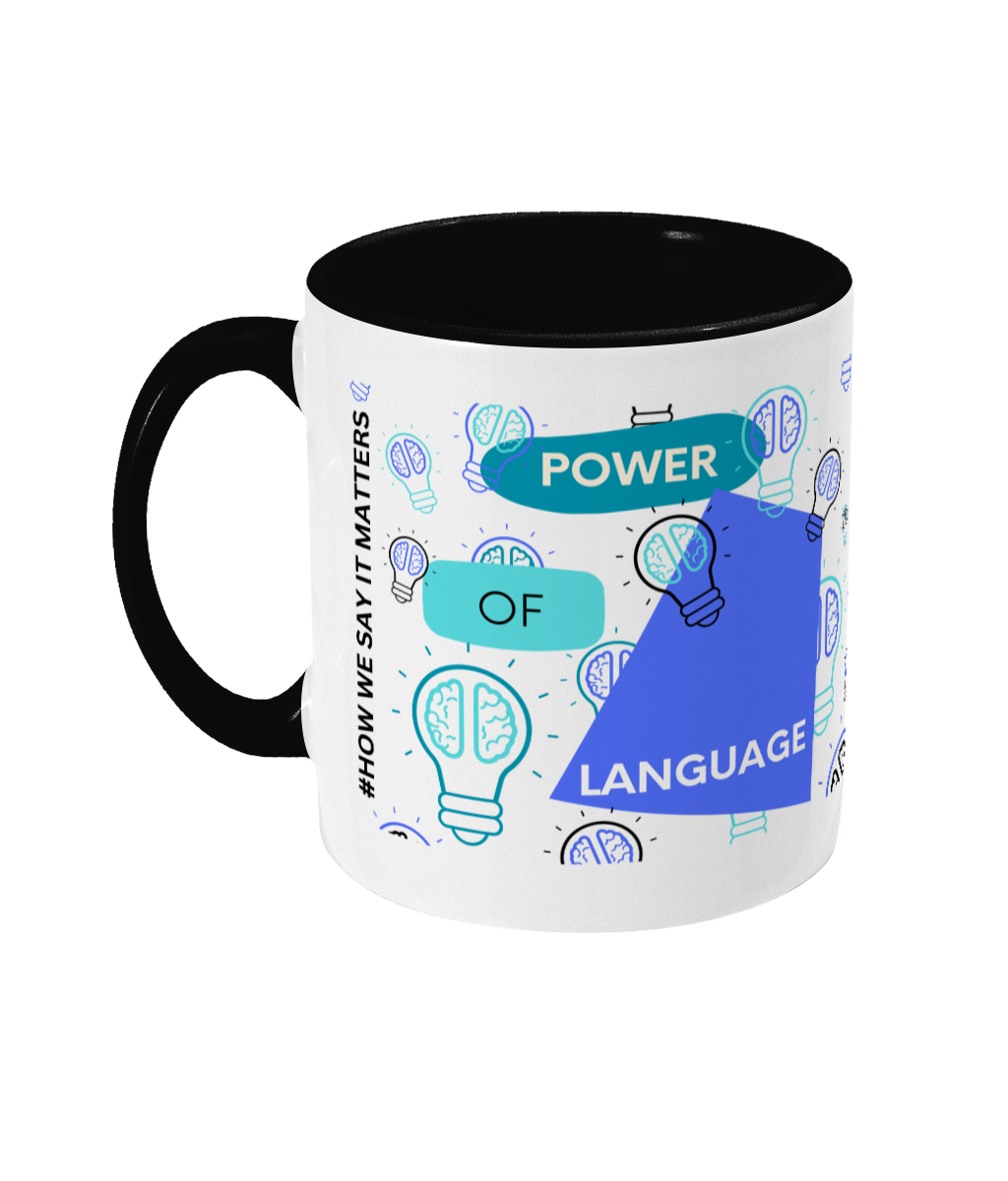 Power Of Language Two Tone Mug - Blue/Teal Design with No Background (Various Handle and Inner Colours Available)