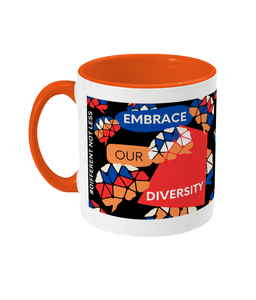 Embrace Our Diversity Two Tone Mug - Red/Blue with Black Background (Various Handle and Inner Colours Available)