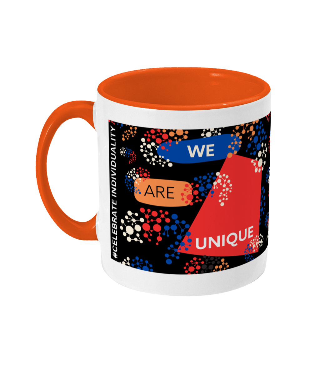 We Are Unique Two Tone Mug - Red/Blue Design with Black Background (Various Handle and Inner Colours Available)