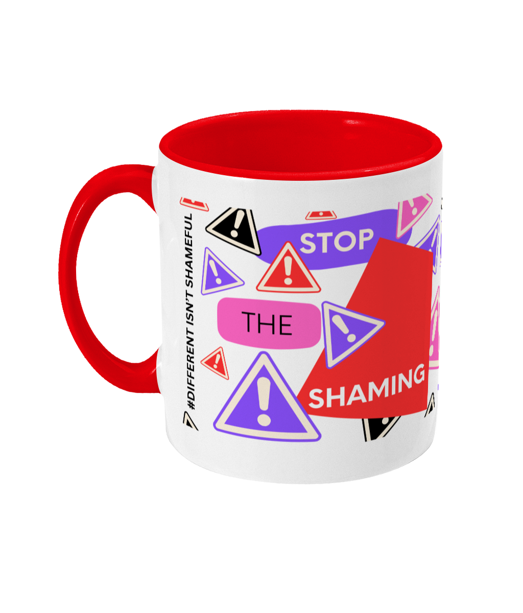 Stop The Shaming Two Tone Mug - Red/Purple Design with No Background (Various Handle and Inner Colours Available)