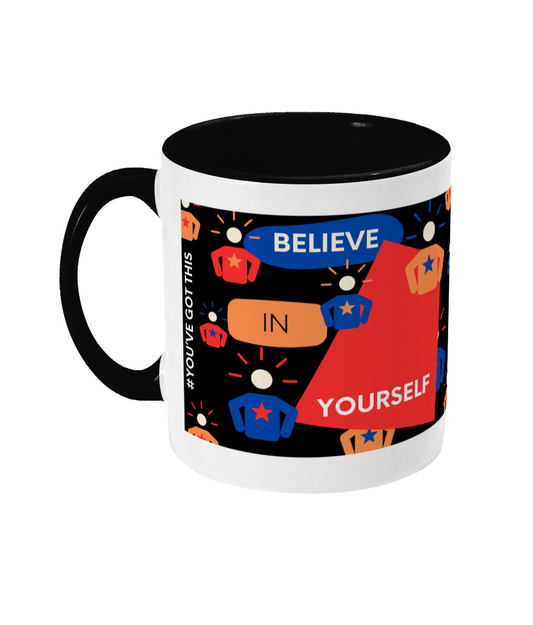 Believe In Yourself Two Tone Mug - Red/Blue Design with Black Background (Various Handle and Inner Colours Available)