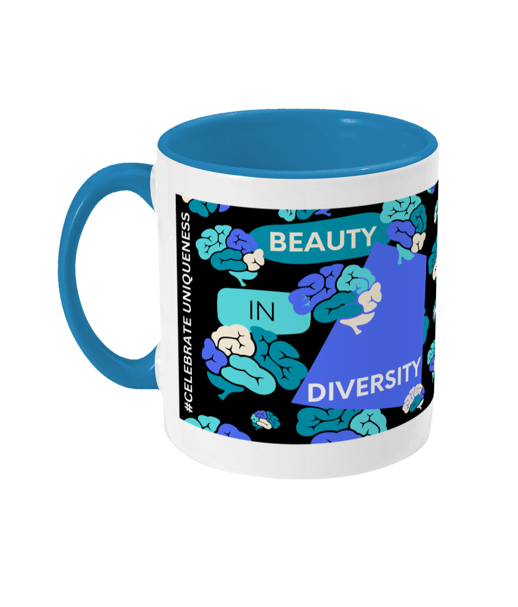 Beauty In Diversity Two Tone Mug - Blue/Teal Design with Black Background (Various Handle and Inner Colours Available)