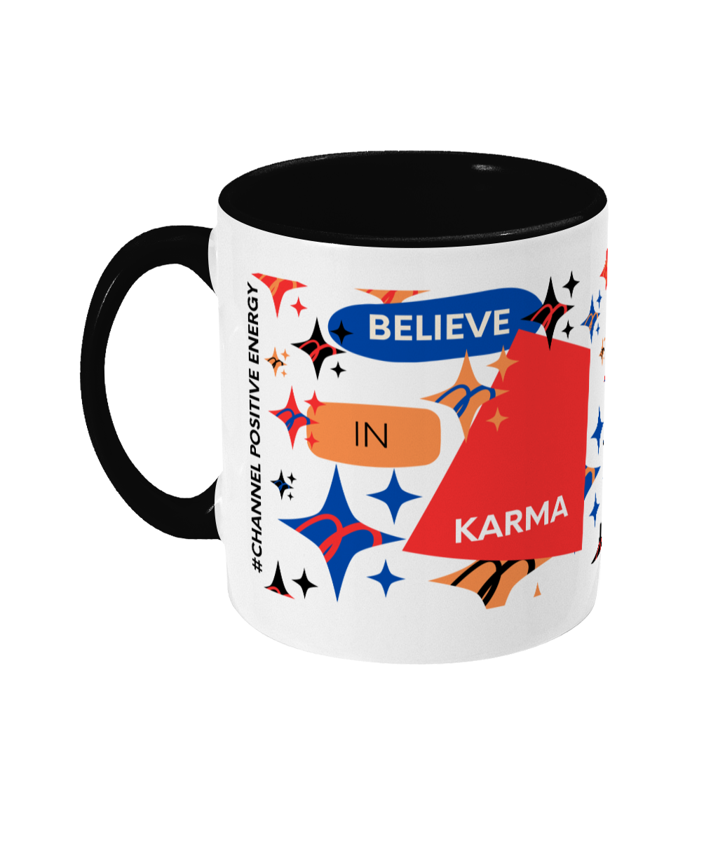 Believe In Karma Two Tone Mug - Red/Blue Design with No Background (Various Handle and Inner Colours Available)