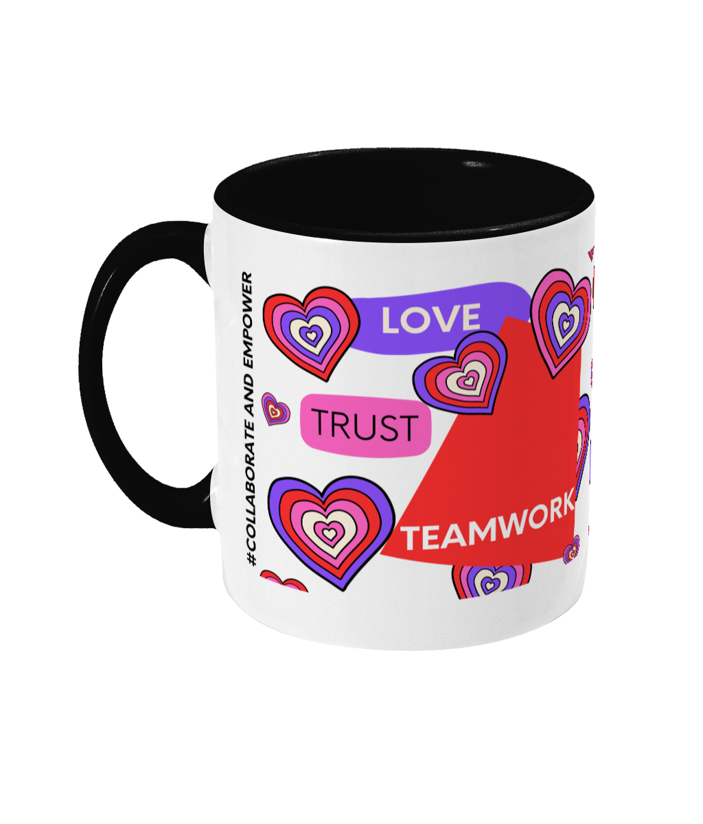 Love, Trust, Teamwork Two Tone Mug - Red/Purple Design with No Background (Various Handle and Inner Colours Available)