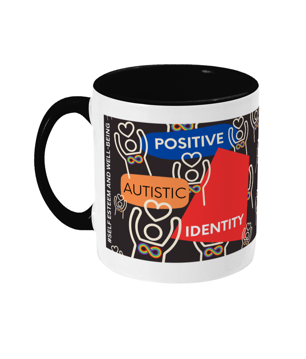 Positive Autistic Identity Two Tone Mug - Red/Blue Design with Black Background (Various Handle and Inner Colours Available)