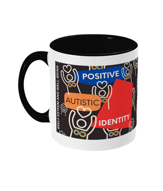 Positive Autistic Identity Two Tone Mug - Red/Blue Design with Black Background (Various Handle and Inner Colours Available)