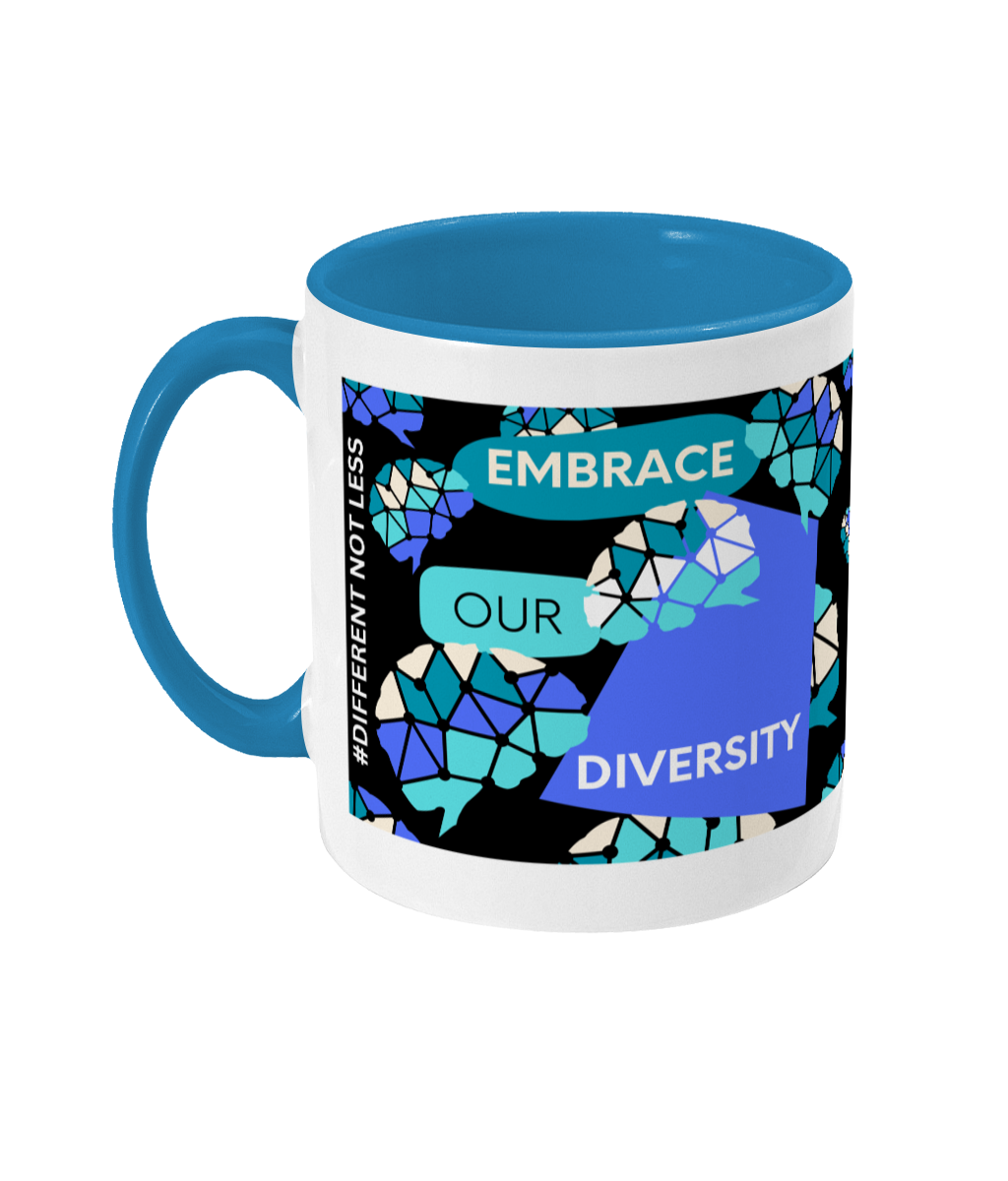 Embrace Our Diversity Two Tone Mug - Blue/Teal Design with Black Background (Various Handle and Inner Colours Available)