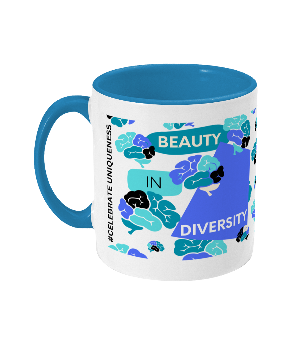 Beauty In Diversity Two Tone Mug - Blue/Teal Design with No Background (Various Handle and Inner Colours Available)