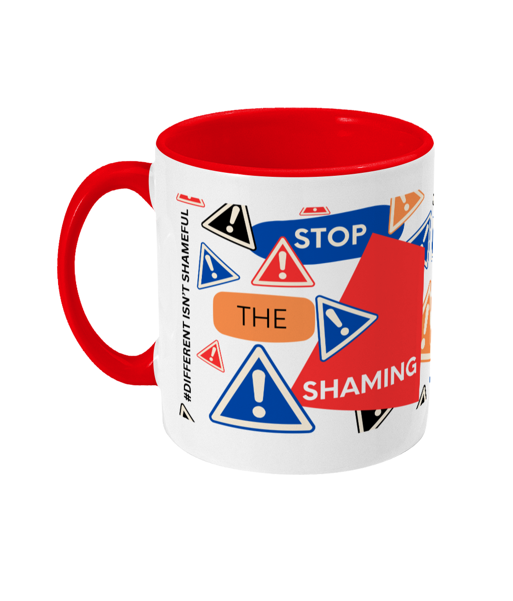 Stop The Shaming Two Tone Mug - Red/Blue Design with Black Background (Various Handle and Inner Colours Available)