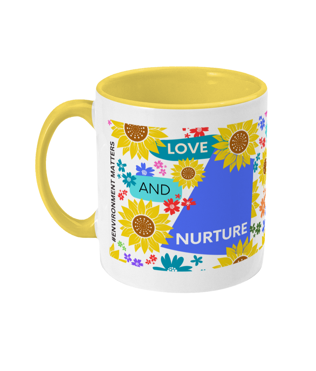 Love and Nurture Two Tone Mug - Blue/Teal Design with No Background