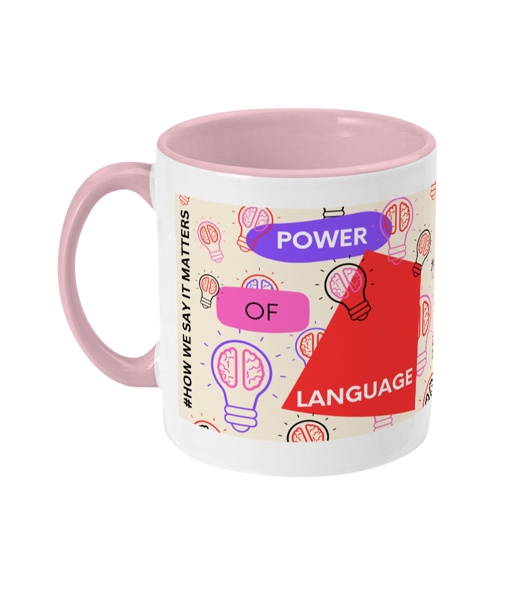 Power Of Language Two Tone Mug - Red/Purple Design with Pink Background