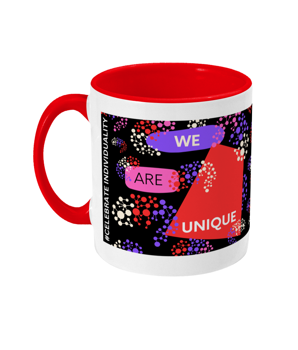 We Are Unique Two Tone Mug - Red/Purple Design with Black Background (Various Handle and Inner Colours Available)