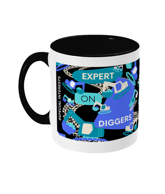 Expert on Diggers Two Tone Mug - Blue/Teal with Black Background (Various Handle and Inner Colours Available)