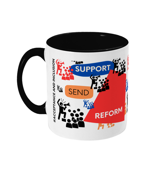 Support SEND Reform Two Tone Mug - Red/Blue Design with No Background (Various Handle and Inner Colours Available)