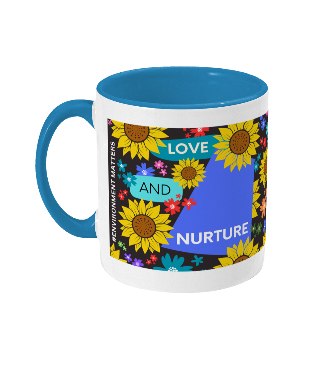 Love and Nurture Two Tone Mug - Blue/Teal Design with Black Background